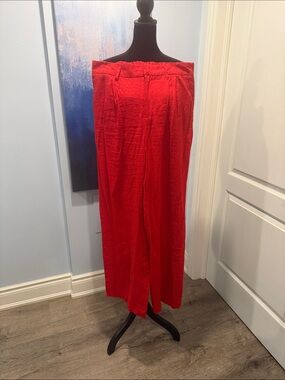 Bright Red Wide-Leg Faux Linen Blend Pants
